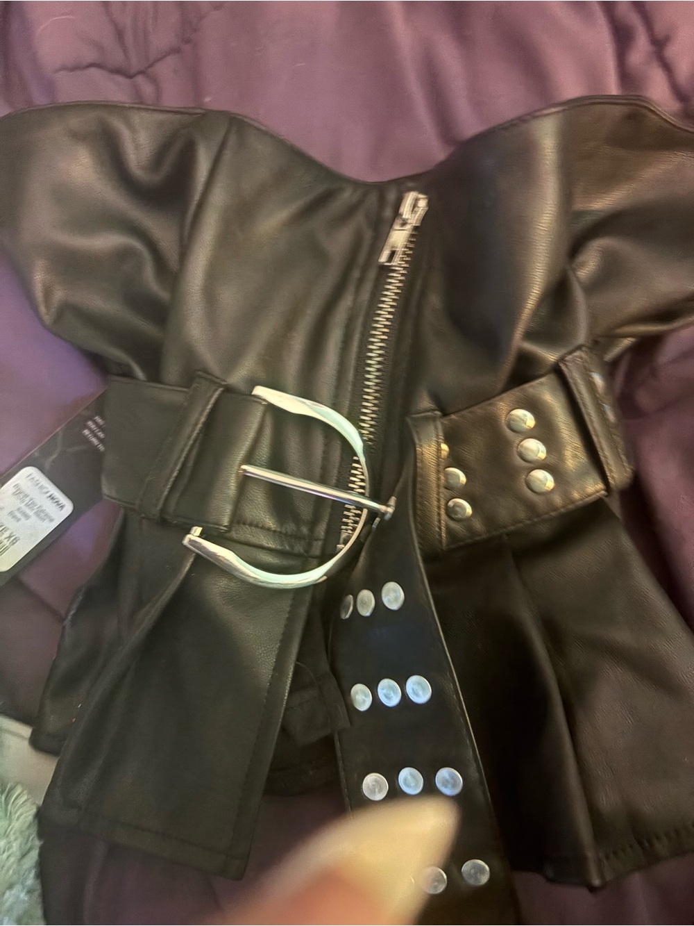 Black Faux Leather Strap-Front Bustier Jacket
